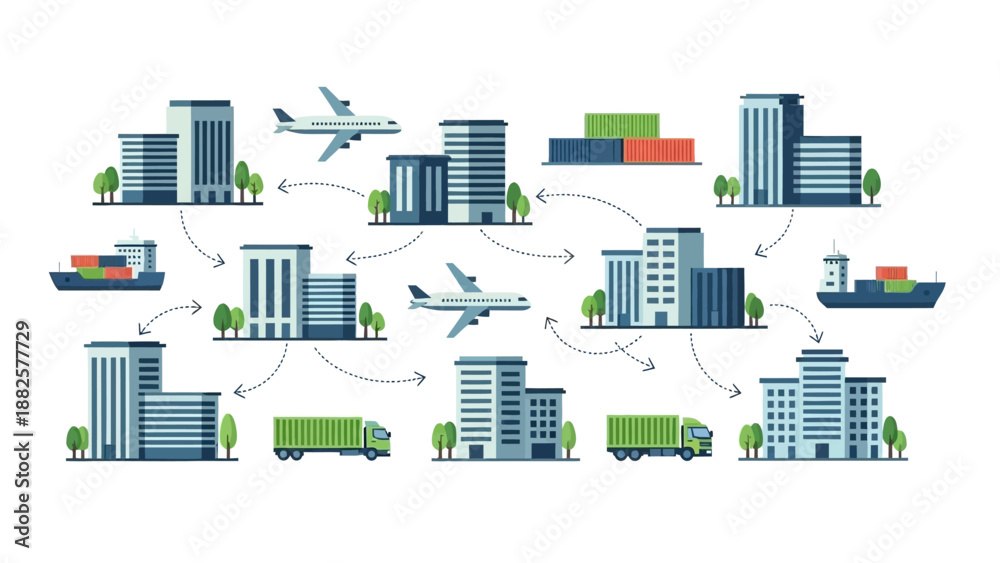 Obraz premium Global Logistics and Transportation Network Illustration Featuring Buildings, Trucks, Ships, and Planes in Operation
