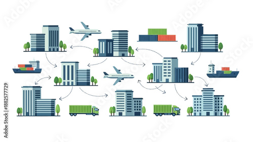 Global Logistics and Transportation Network Illustration Featuring Buildings, Trucks, Ships, and Planes in Operation