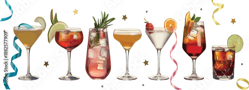 Elegant cocktail collection with colorful mixed drinks, martini glasses, ice, citrus garnish, festive party beverage illustration, isolated background