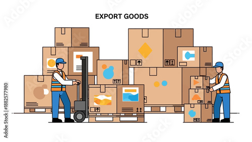 Warehouse workers operating forklift and handling export goods packages in a storage facility from a side viewpoint