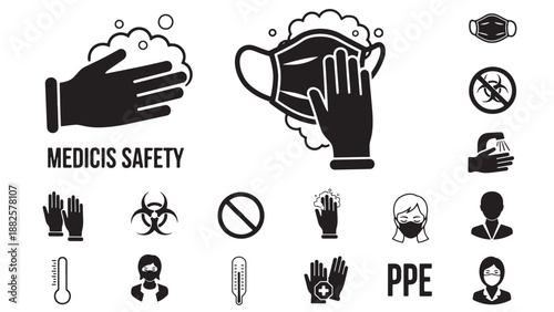 Personal protective equipment safety icon set for medical staff hygiene compliance and workplace risk mitigation in procurement and training
