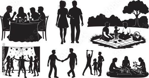 Silhouettes of people enjoying social gatherings and activities together