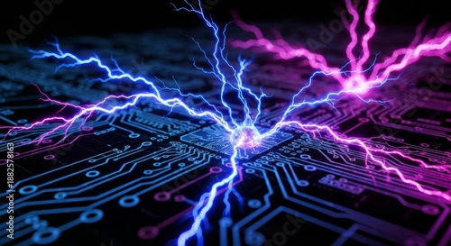 Abstract blue circuit board background with fractal lightning patterns and electric plasma energy motion for a high tech science wallpaper design