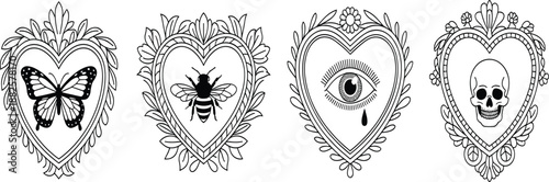 Four, ornate, heart, shaped, frames, with, butterfly, bee, crying, eye, and, skull, gothic, vintage, surreal, symbolism, isolated, on, white, background
