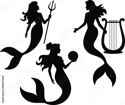 Mermaid silhouette collection with trident, harp and crystal ball, mythical sea goddess illustration isolated on white background
