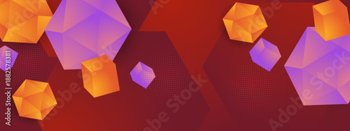 Sophisticated abstract background featuring floating 3D polygons and cubes over a warm red and violet gradient