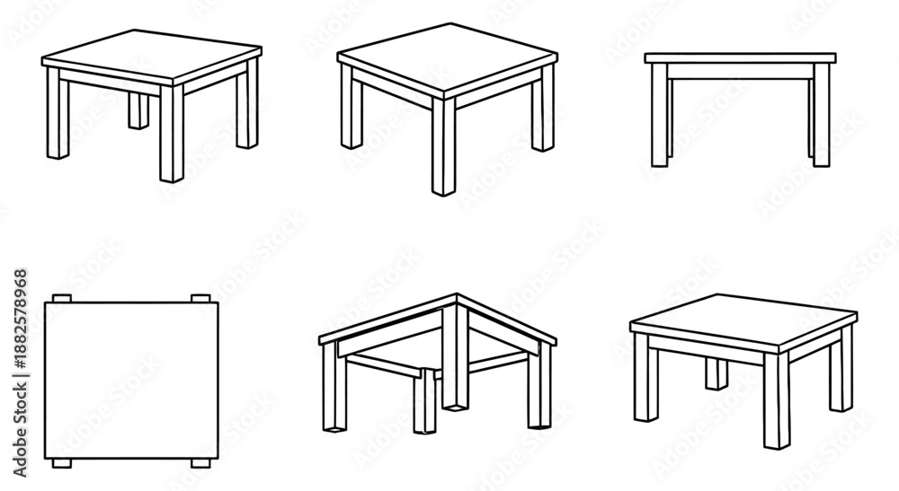 Fototapeta premium Hand drawn line art tables set featuring simple square tables in isometric and orthogonal views for interior design concepts