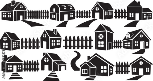 Black and white houses with fences and roads illustration