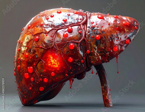 A human liver with a dark reddish-brown color and red spots