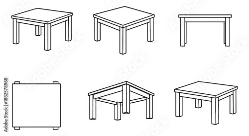 Hand drawn line art tables set featuring simple square tables in isometric and orthogonal views for interior design concepts