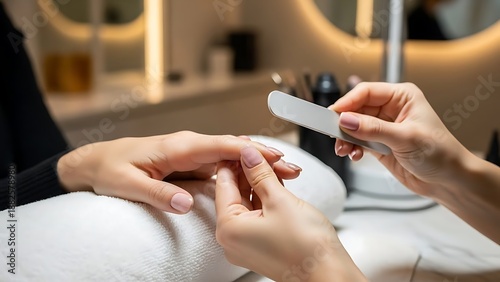 Close up of hands receiving nail care at a salon with a nail file shaping the fingernail