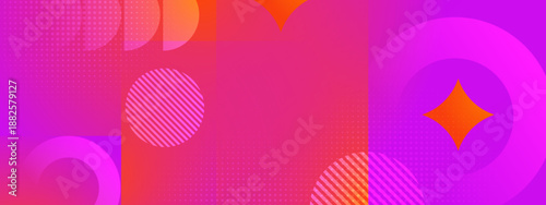 Vibrant purple and pink abstract layout with overlapping geometric circles and sparkling star shapes on a textured base