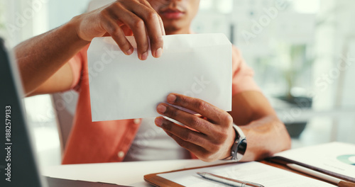 Obraz na plátne Letter, envelope and hands of businessman in office for mail delivery, salary cheque and payment