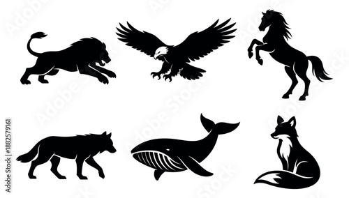 Stylized silhouette wild animals set featuring a lion, eagle, horse, wolf, whale, and fox for design elements and branding