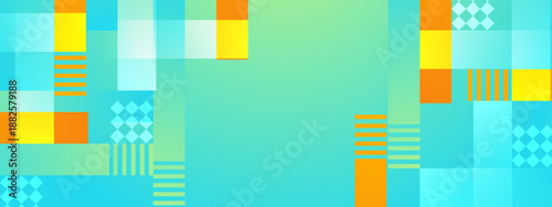 Refreshing cyan blue and yellow abstract background featuring a pixel-style grid and striped circular patterns
