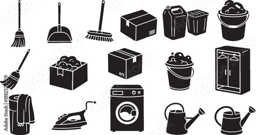 Black and white household cleaning tools and appliances icons