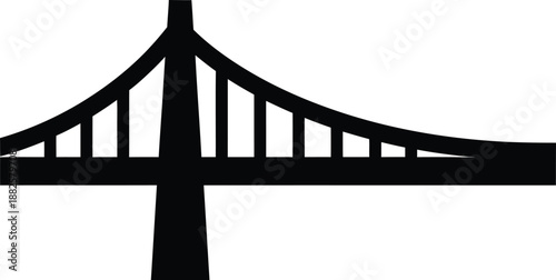 A black silhouette of a suspension bridge with a single tower and cables