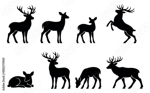 Simple silhouette deer set featuring various poses of bucks, does, and fawns for nature and wildlife designs