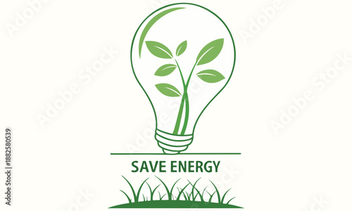 Save Energy Eco Poster Vector – Green Light Bulb with Leaves .