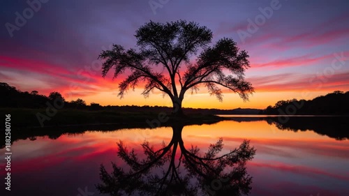 Stunning sunset over tranquil lake with tree silhouette and reflection.
