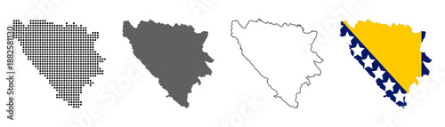 Fotografie Bosnia and Herzegovina map set with dotted solid outline and flag style vector i