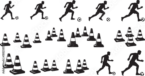 Silhouette of soccer player running with traffic cones obstacles