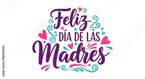 Elegant Happy Mother's Day Calligraphy Design with Hearts and Decorative Swirls