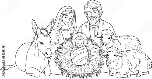 Nativity scene line art illustration, holy family with baby Jesus, Mary Joseph sheep donkey, Christmas religious coloring page design