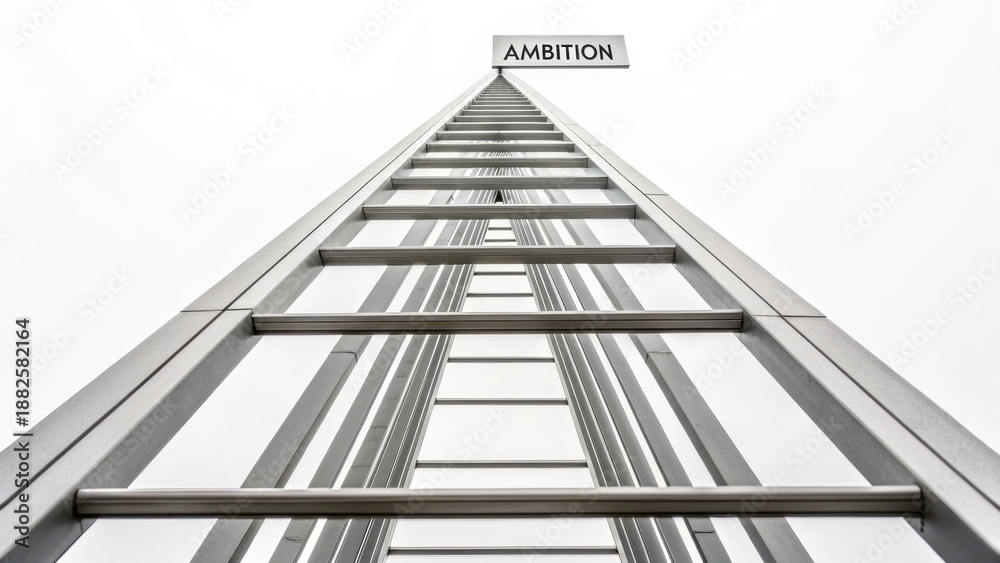 Obraz premium A sign for Ambition at the summit of a modern geometric structure reaching upwards.