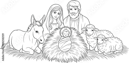 Nativity, scene, line, art, illustration, of, baby, Jesus, in, manger, with, Mary, Joseph, sheep, donkey, Christmas, religious, biblical, holy, family