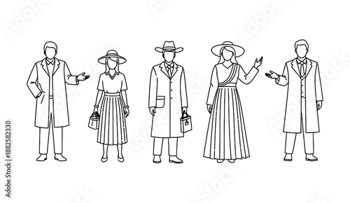 Set of diverse people in formal and traditional outfits, elegant men and women characters.