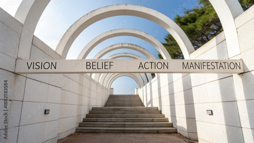 Fototapeta premium A path of structured arches and steps leading upward towards a bright sky, representing progress and achievement.