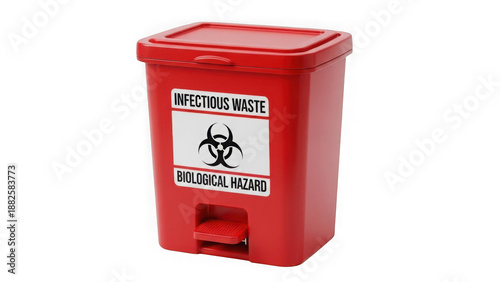 Red infectious waste bin with biohazard symbol