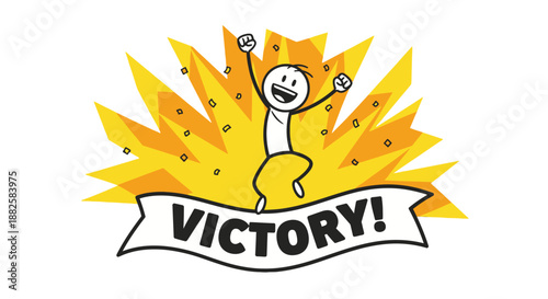 Cartoon character celebrating victory with raised arms and banner.