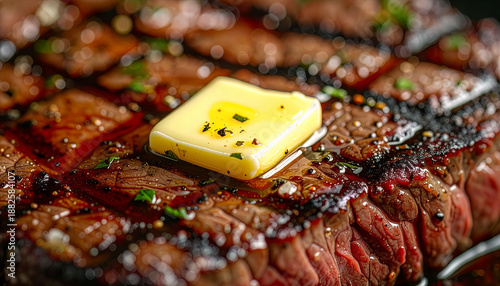 Butter melting on grilled steak macro, premium food advertising closeup. Juicy ribeye with herb butter and salt crystals, gourmet texture shot. Steak closeup with compound butter, restaurant menu hero
