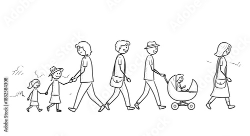 Family members walking together in different stages of life.