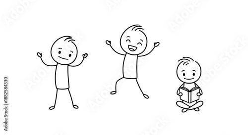Simple stick figure drawings of a child in different poses.