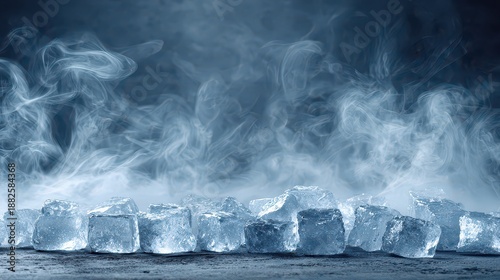 Ice Cubes on Dark Surface with Drifting White Vapor Mist Against Deep Blue Background Creating a Cold Refreshing and Atmospheric Image
