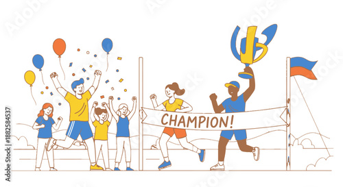 Triumphant Athlete Crossing Finish Line with Trophy and Cheering Crowd.