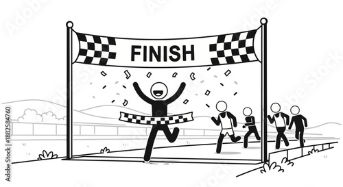 Triumphant runner crossing the finish line with checkered flag banner.