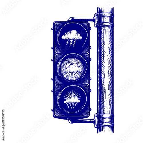 Thought-provoking woodcut style traffic light with weather symbols illustration representing emotional signals mood navigation life climate and internal weather pattern control