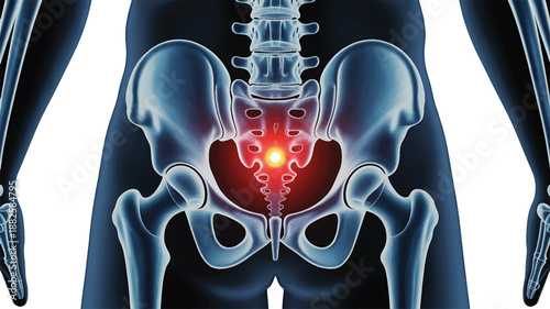 Medical illustration highlighting the sacrum and coccyx region, indicating discomfort or pain