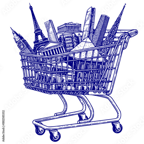 Striking woodcut style shopping cart filled with architecture buildings illustration representing consuming culture experience shopping and architectural cultural marketplace