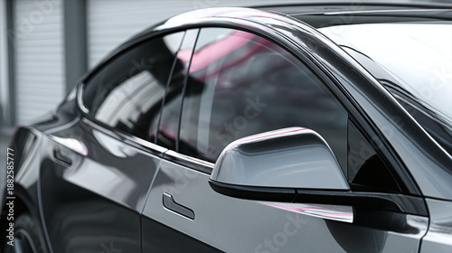 Sleek metallic automobile with tinted windows and side mirror, embodying modern design. A stylish vehicle showcases clean lines and reflective surfaces.