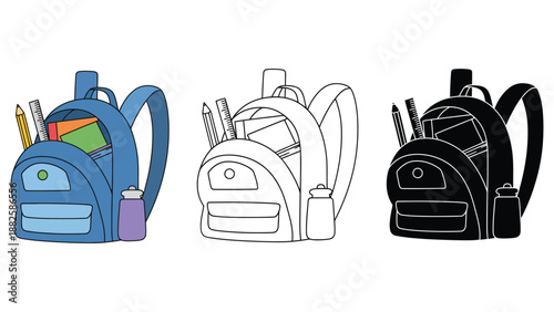 Three backpacks with school supplies in different colors on a white background