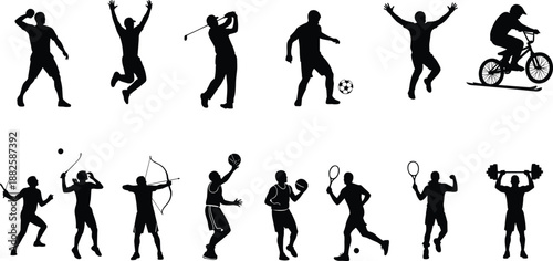Collection of professional athlete silhouettes featuring soccer, basketball, tennis, golf, archery, weightlifting, and cycling icons isolated on white background for sports graphic design