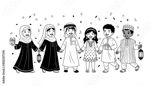 Happy Muslim children celebrating Eid al-Fitr, holding hands and carrying lanterns.