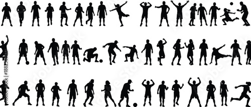 Mega collection of diverse sports silhouettes featuring athletes in action, soccer players, runners, and fitness enthusiasts isolated on white background for graphic design