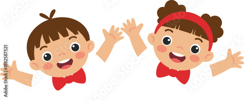 Two Happy Cartoon Children with Red Bow Ties Waving Their Hands and Smiling Isolated on White Background for Primary Education