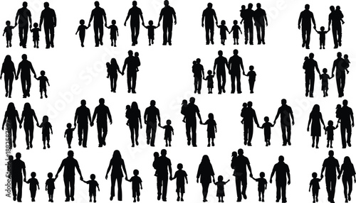 Mega collection of family silhouettes featuring parents walking with children and holding hands isolated on white background for parenting and lifestyle design